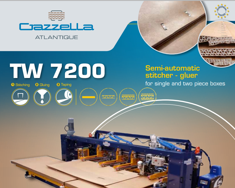 Learn more about the TW7200 Semi-Automatic Stitcher-Gluer in the Gazzella Atlantique brochure.